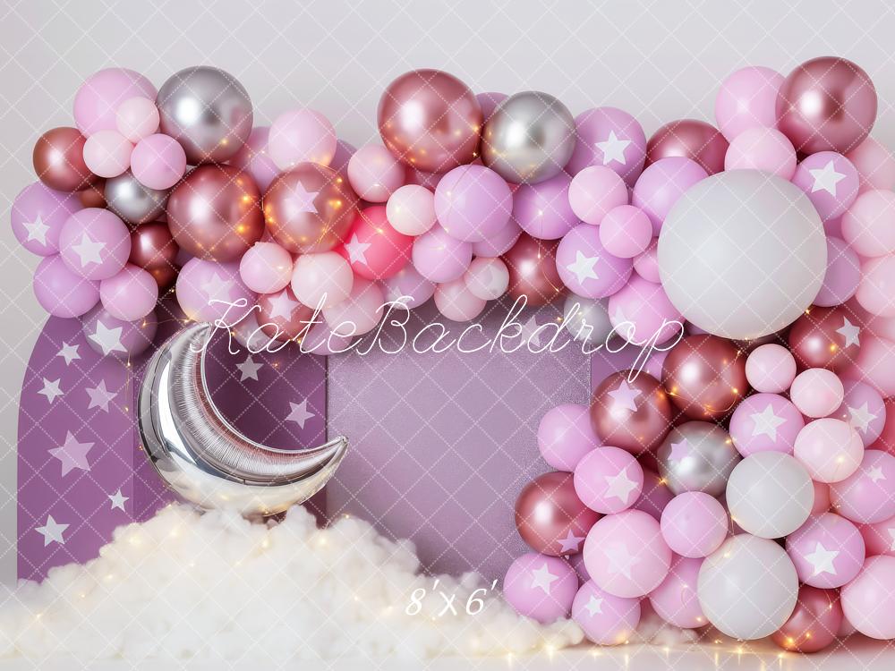 Kate Geburtstag Ballonbogen Mond Sterne Rosa Hintergrund Entworfen von Patty Roberts - Kate Backdrop.de