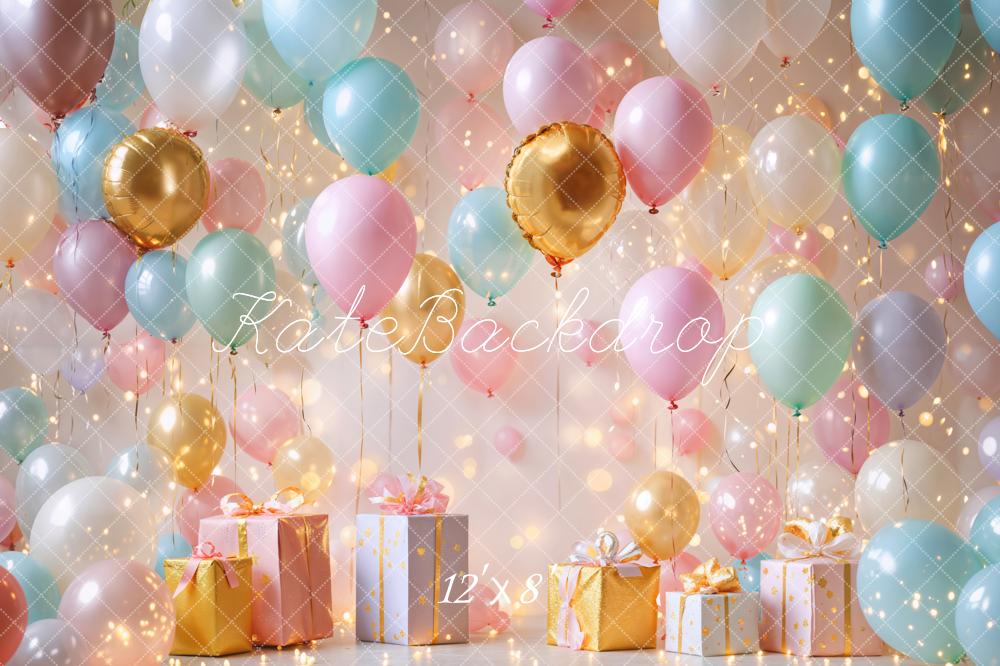 Kate Geburtstag Luftballons Geschenke Pastell Fleece Hintergrund Entworfen von Emetselch - Kate Backdrop.de