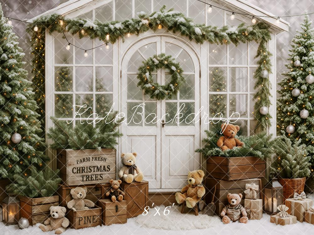 Kate Weihnachten Teddybären Geschenkboxen Winterhaus Hintergrund Entworfen von Patty Roberts - Kate Backdrop.de