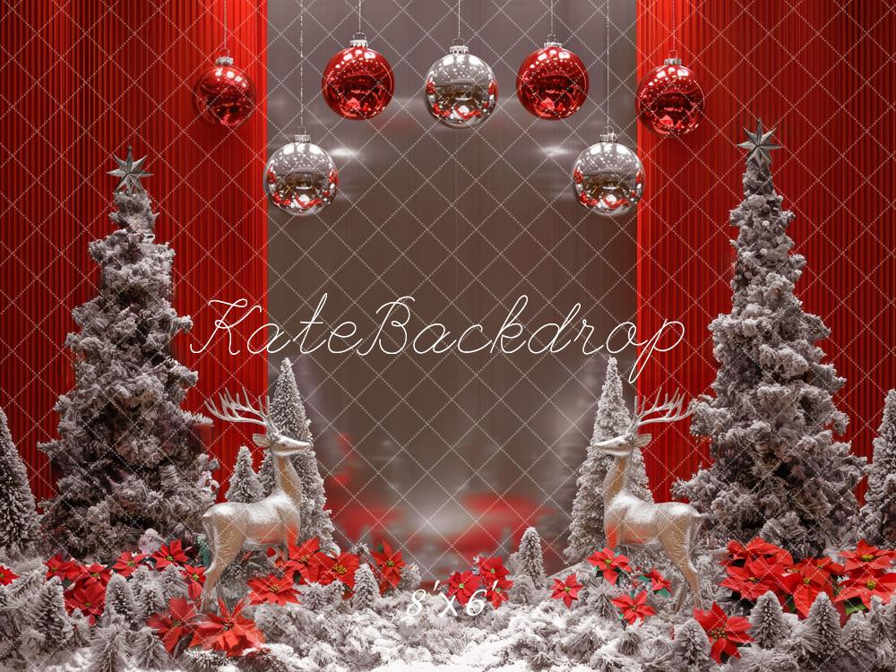 Kate Weihnachten Rentiere Schneebäume Rot Hintergrund Entworfen von Mini MakeBelieve - Kate Backdrop.de