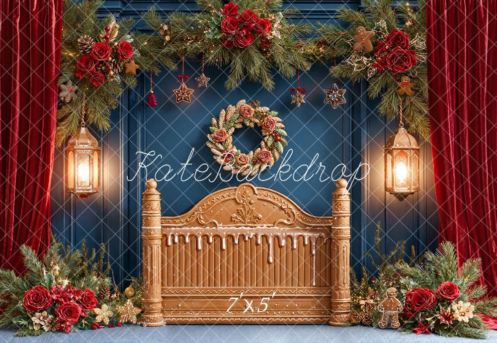 Kate Weihnachten Lebkuchenbett Kranz Rot Hintergrund Entworfen von Emetselch - Kate Backdrop.de