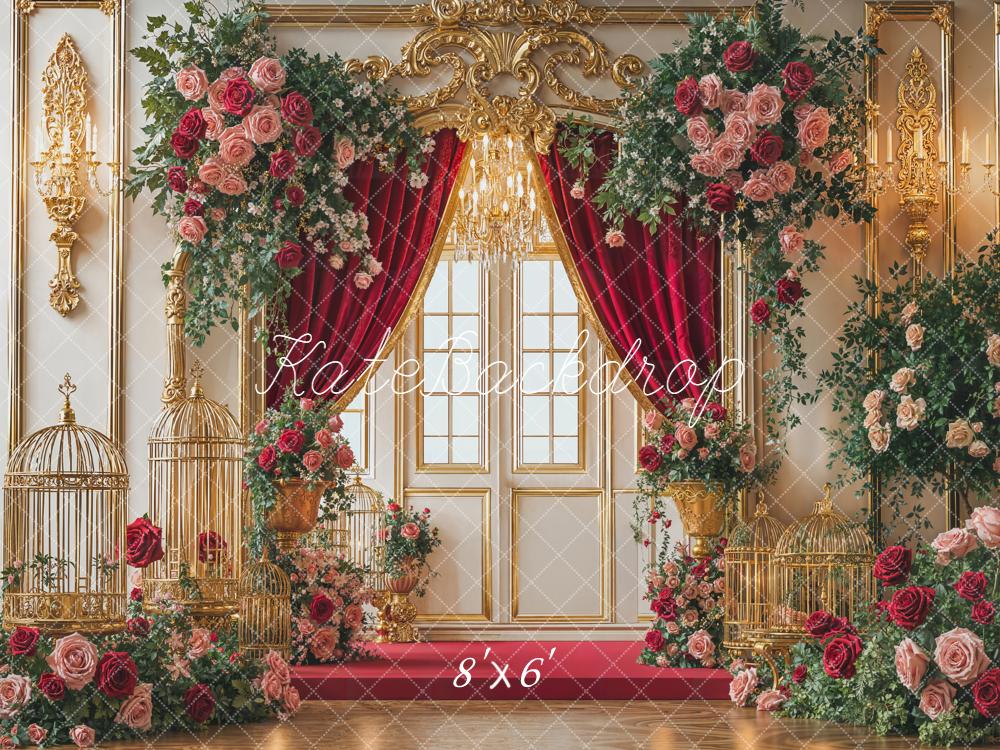 Kate Hochzeit Rote Vorhänge Goldene Rosen Fleece Hintergrund Entworfen von Emetselch