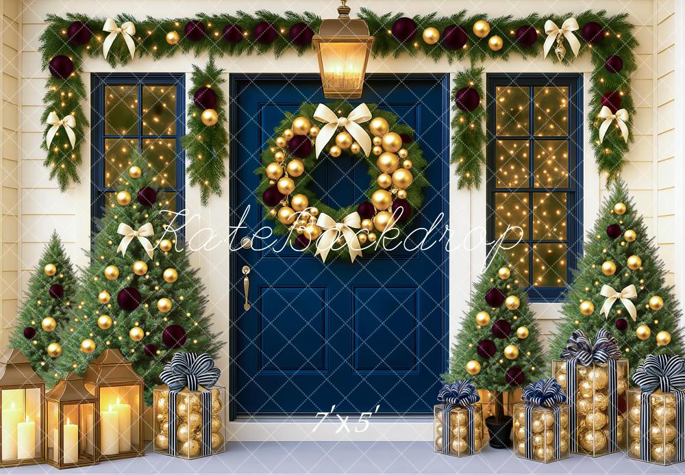 Kate Weihnachten Blaue Tür Geschenke Girlande Hintergrund Entworfen von Mini MakeBelieve - Kate Backdrop.de