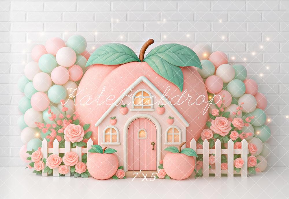 Kate Geburtstag Pfirsich Haus Ballons Pastell Hintergrund Entworfen von Ashley Paul - Kate Backdrop.de