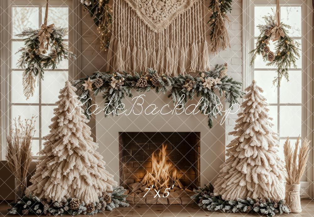 Kate Weihnachten Kamin Tannen Bäume Beige Hintergrund Entworfen von Emetselch