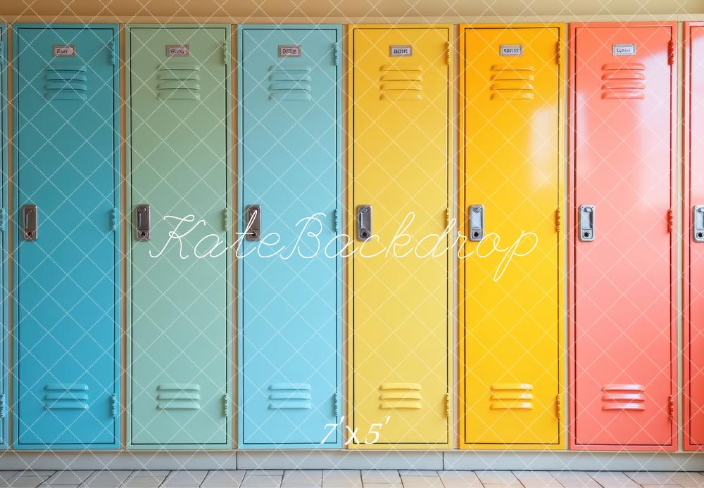 Kate Zurück Zur Schule Bunte Spinde Modern Hintergrund Entworfen von Laura Bybee - Kate Backdrop.de