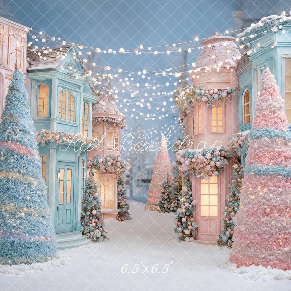 Kate Weihnachten Pastell Häuser Bäume Hintergrund Entworfen von Ashley Paul