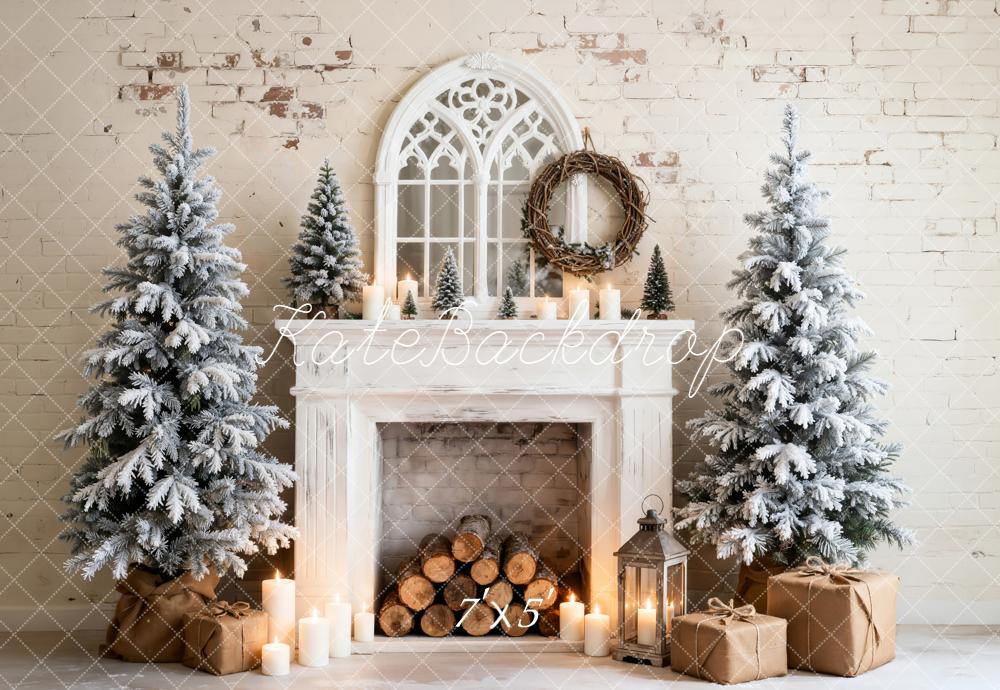 Kate Weihnachten Kamin Schneebedeckte Bäume Weiß Hintergrund Entworfen von Emetselch - Kate Backdrop.de