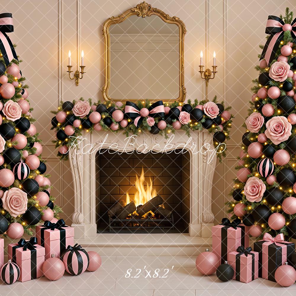 Kate Weihnachten Christbaum Kamin Rosa Hintergrund Entworfen von Ashley Paul - Kate Backdrop.de