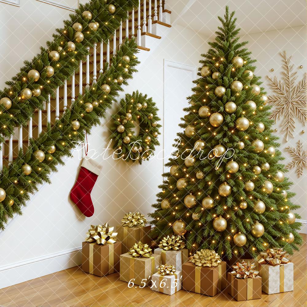 Kate Weihnachten Tannenbaum Geschenke Gold Hintergrund Entworfen von Mini MakeBelieve - Kate Backdrop.de