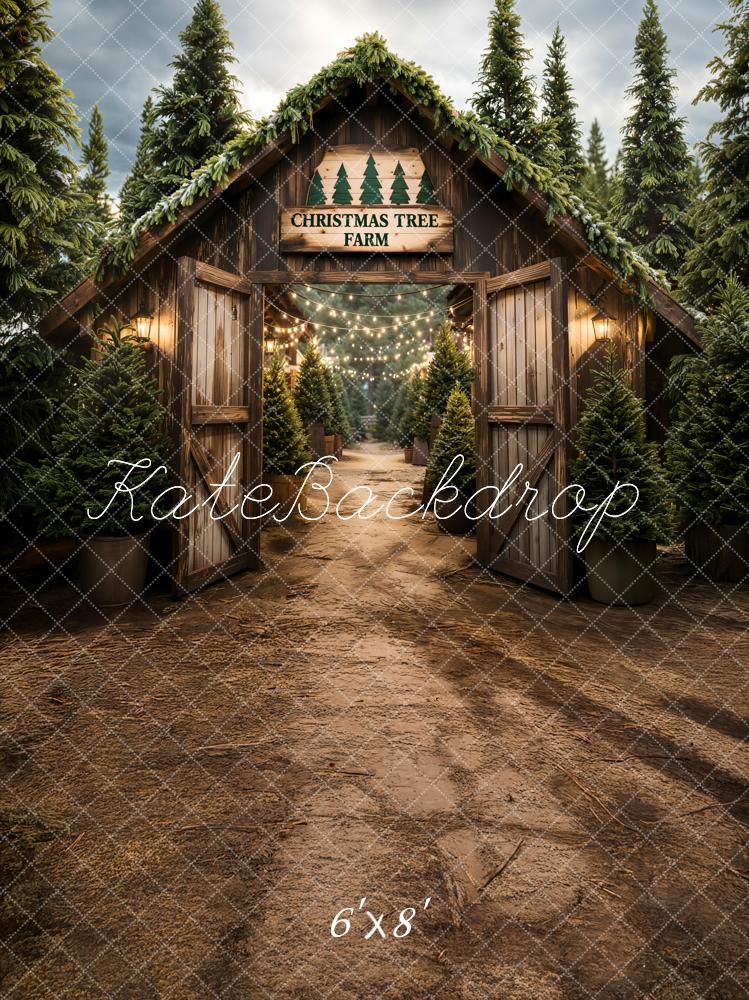 Kate Weihnachten Tannenbäume Holzhütte Braun Fleece Hintergrund Entworfen von Emetselch - Kate Backdrop.de