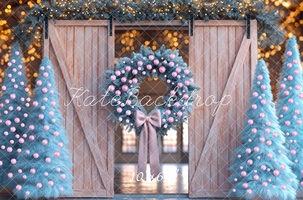 Kate Weihnachten Blaue Tannen Holztür Hintergrund Entworfen von Mini MakeBelieve - Kate Backdrop.de