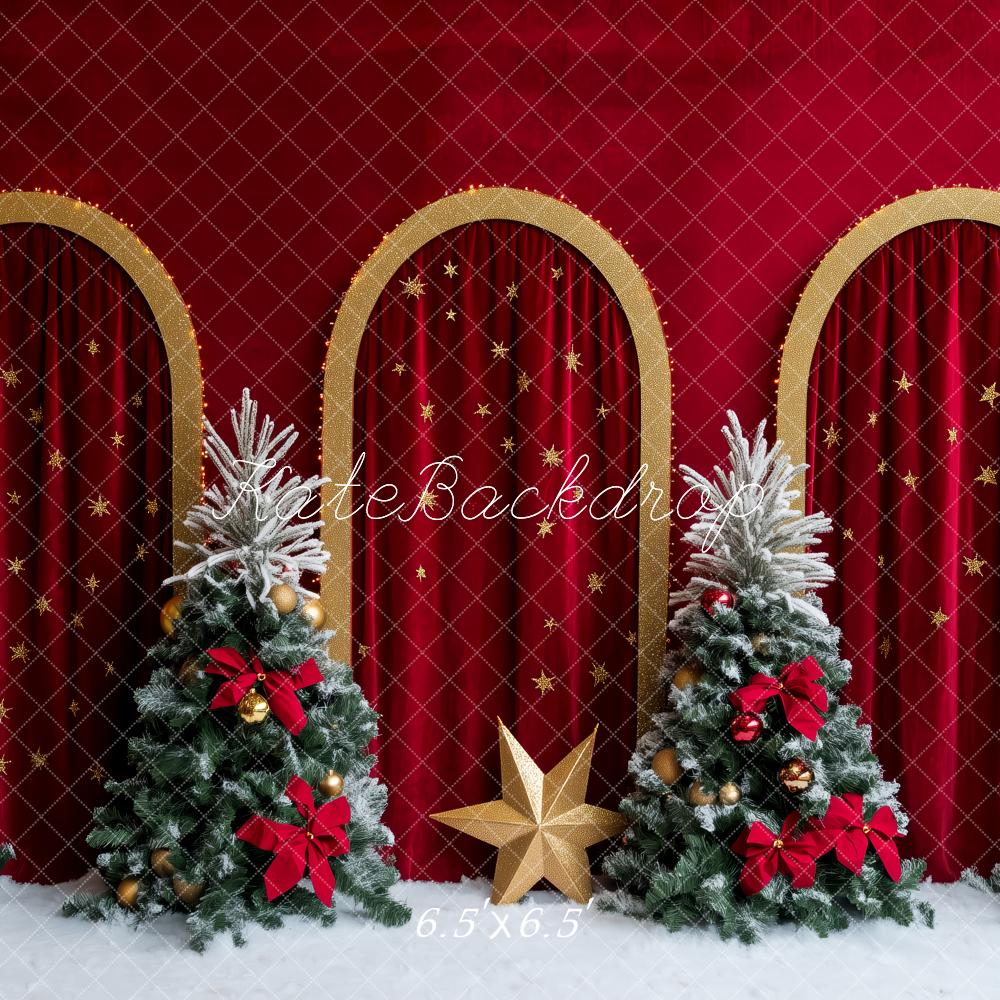 Kate Weihnachten Bögen Tannenbäume Rot Hintergrund Entworfen von Patty Roberts - Kate Backdrop.de