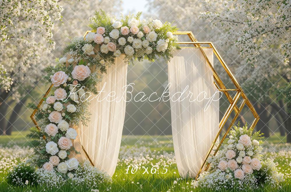 Kate Hochzeit Blumenbogen Gold Weiß Hintergrund Entworfen von Mini MakeBelieve - Kate Backdrop.de