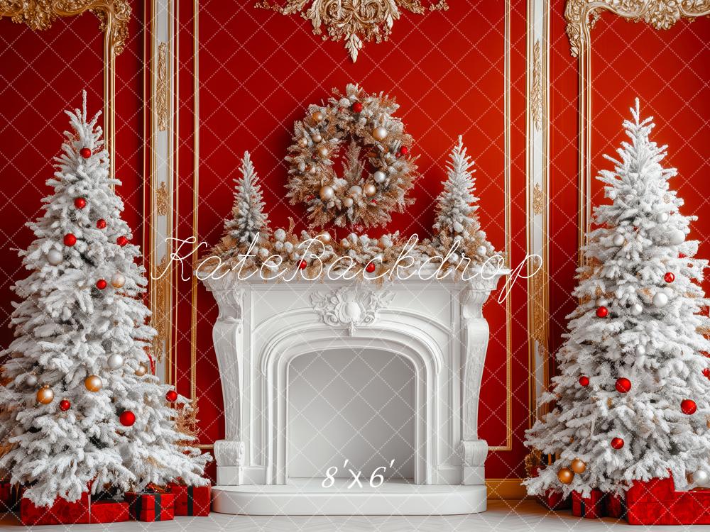 Kate Weihnachten Kamin Schneebäume Rot Hintergrund Entworfen von Patty Roberts