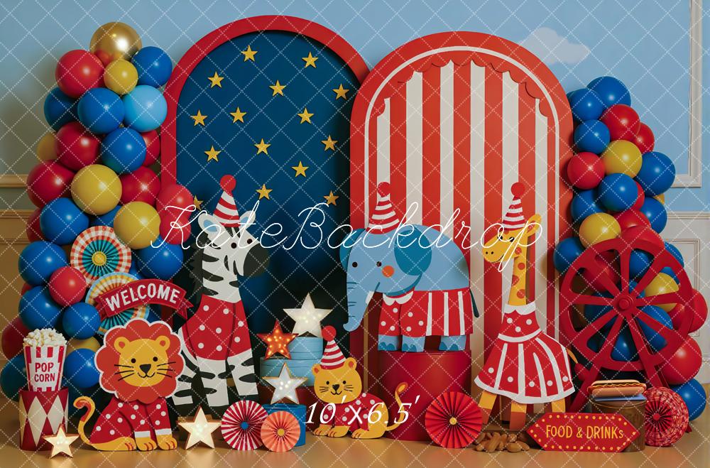 Kate Circus Tiere Luftballons Rot Blau Hintergrund Entworfen von Mini MakeBelieve - Kate Backdrop.de