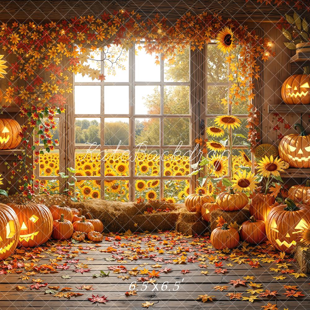 Kate Halloween Kürbisse Sonnenblumen Holz Hintergrund Entworfen von Chain - Kate Backdrop.de