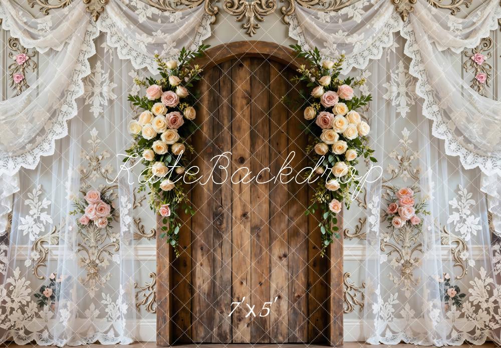 Kate Hochzeit Holztür Blumen Spitze Hintergrund Entworfen von Mini MakeBelieve