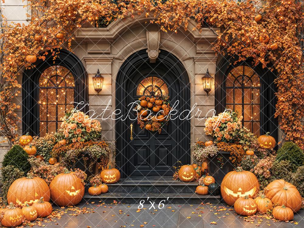 Kate Halloween Kürbisse Tür Herbstlaub Fleece Hintergrund Entworfen von Emetselch - Kate Backdrop.de