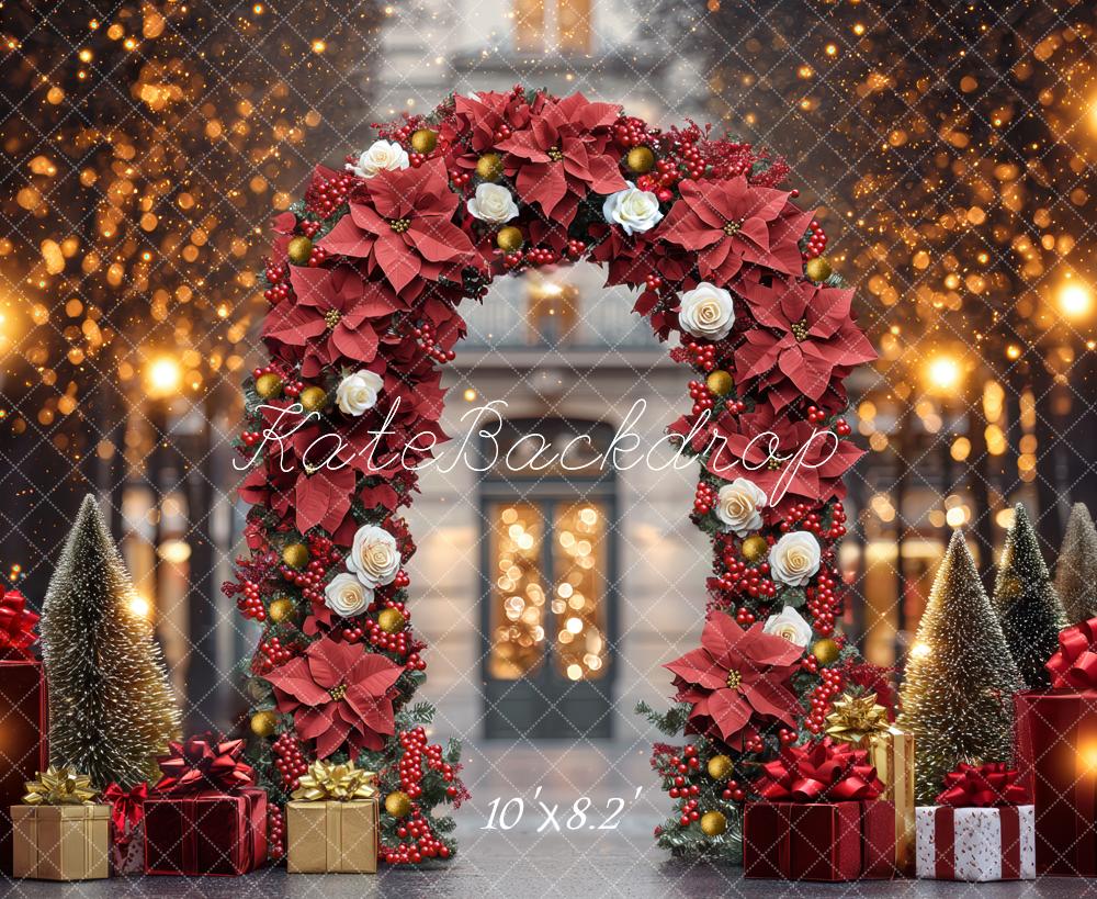 Kate Weihnachten Blumenbogen Geschenke Goldlicht Hintergrund Entworfen von Mini MakeBelieve - Kate Backdrop.de