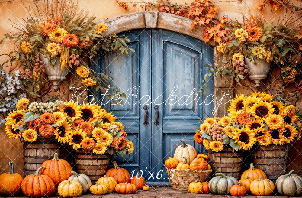 Kate Herbst Kürbis Sonnenblumen Blaue Tür Hintergrund Entworfen von Emetselch - Kate Backdrop.de
