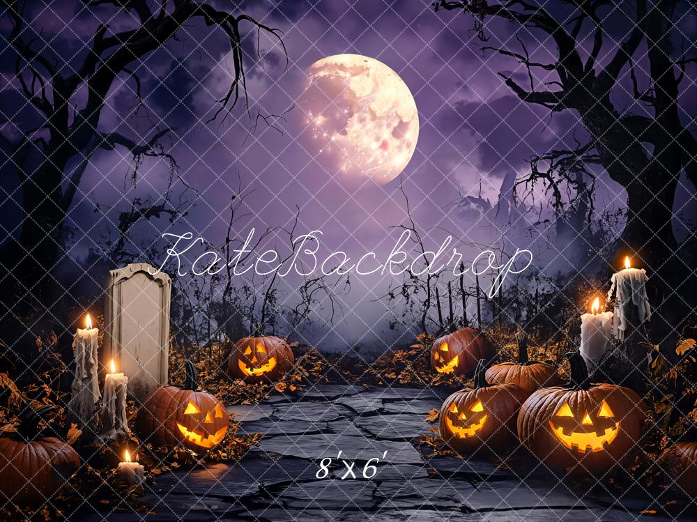 Kate Halloween Kürbisse Grabstein Vollmond Fleece Hintergrund Entworfen von Emetselch - Kate Backdrop.de