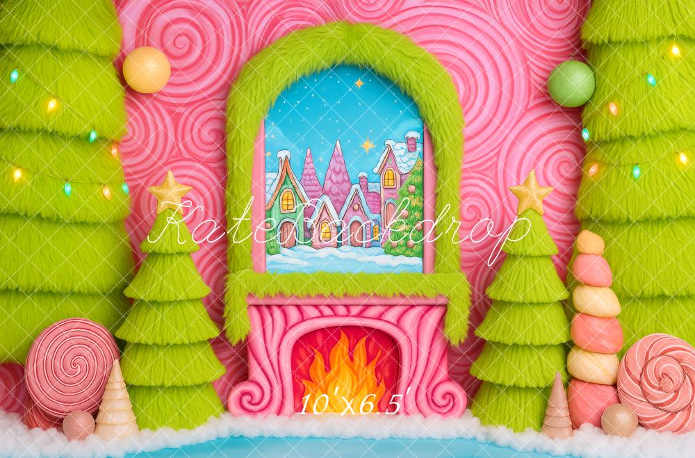 Kate Weihnachten Kamin Lebkuchenhaus Süßigkeiten Pink Hintergrund Entworfen von Patty Roberts - Kate Backdrop.de