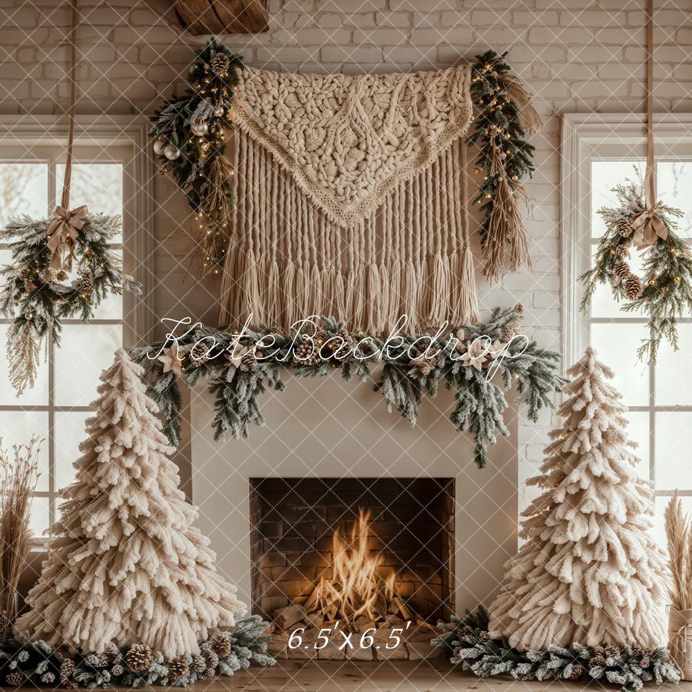 Kate Weihnachten Kamin Tannen Bäume Beige Hintergrund Entworfen von Emetselch