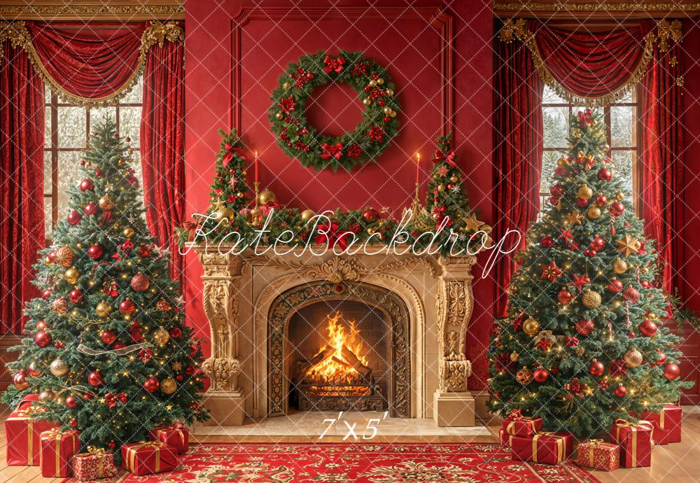Kate Weihnachten Kamin Tannenbaum Rot Hintergrund Entworfen von Emetselch - Kate Backdrop.de