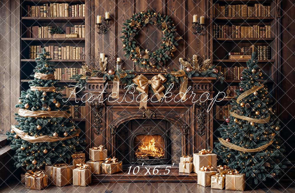 Kate Weihnachten Kamin Bücherregal Gold Fleece Hintergrund Entworfen von Emetselch - Kate Backdrop.de