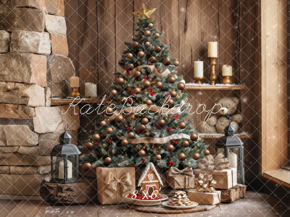 Kate Weihnachten Tannenbaum Geschenke Kamin Holz Hintergrund Entworfen von Mini MakeBelieve - Kate Backdrop.de