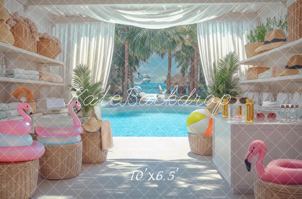 Kate Sommer Pool Palmen Strandhaus Hintergrund Entworfen von Mini MakeBelieve - Kate Backdrop.de