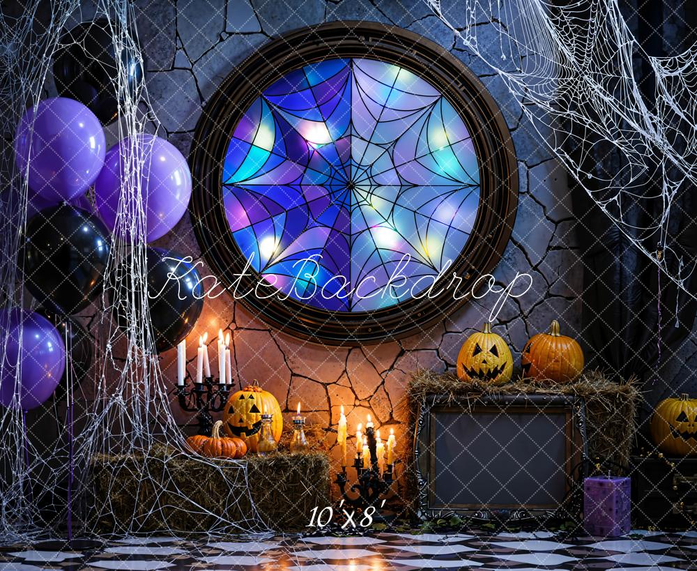 Kate Halloween Kürbis Spinnennetz Buntglas Fleece Hintergrund Entworfen von Emetselch