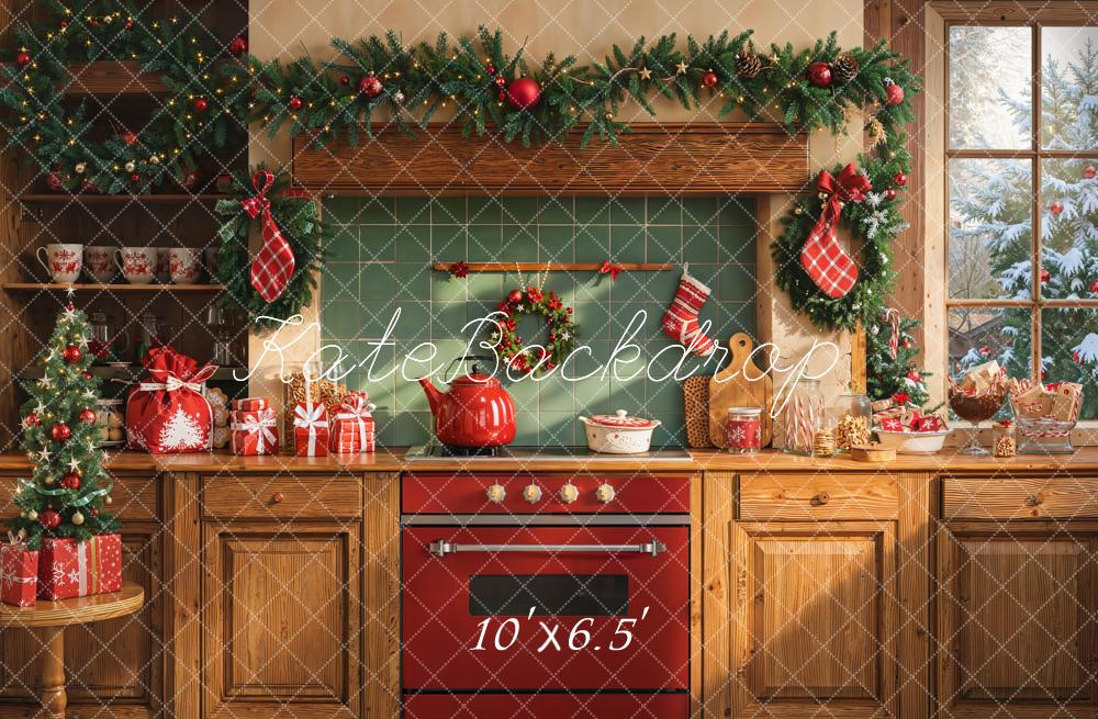 Kate Weihnachten Küche Girlande Rot Fleece Hintergrund Entworfen von Emetselch - Kate Backdrop.de
