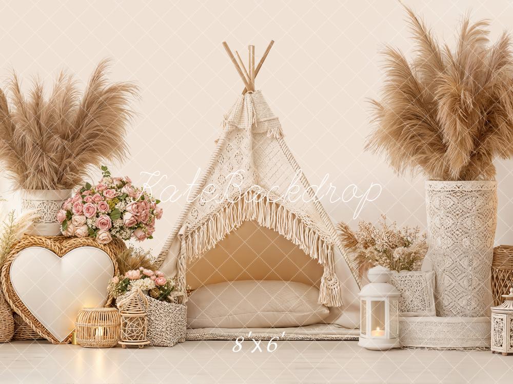 Kate Boho Zelt Pampasgras Blumen Beige Fleece Hintergrund Entworfen von Emetselch - Kate Backdrop.de