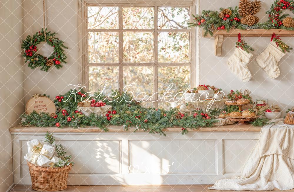 Kate Weihnachten Fenster Girlande Cremetöne Fleece Hintergrund Entworfen von Emetselch - Kate Backdrop.de