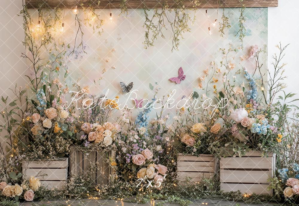 Kate Frühling Blumen Holzkisten Pastell Hintergrund Entworfen von Patty Roberts - Kate Backdrop.de