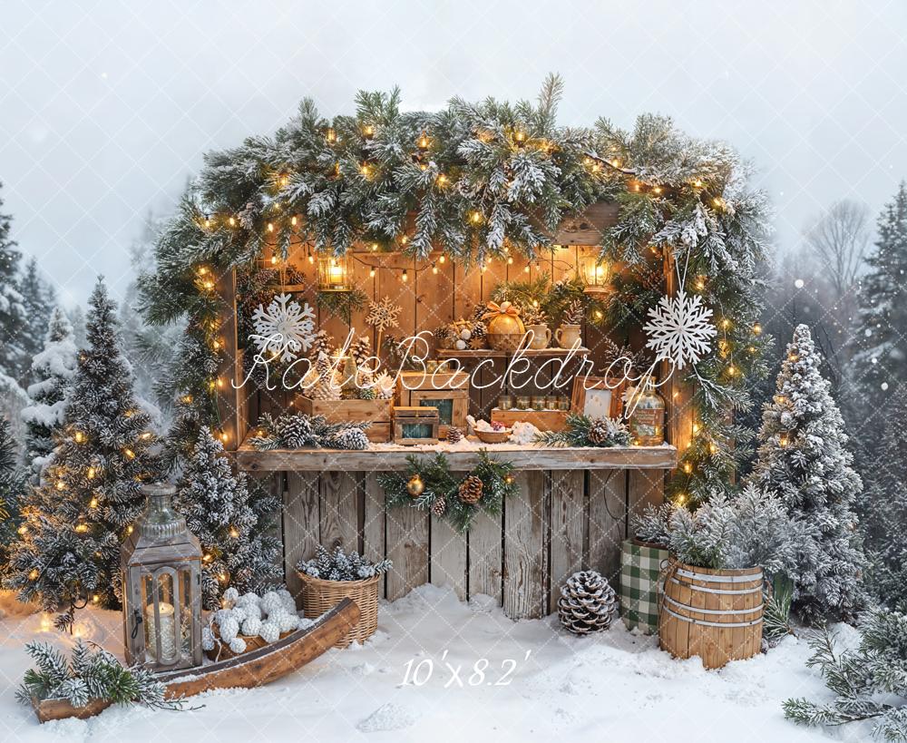 Kate Weihnachten Holzstand Tannenzweige Vintage Fleece Hintergrund Entworfen von Emetselch - Kate Backdrop.de