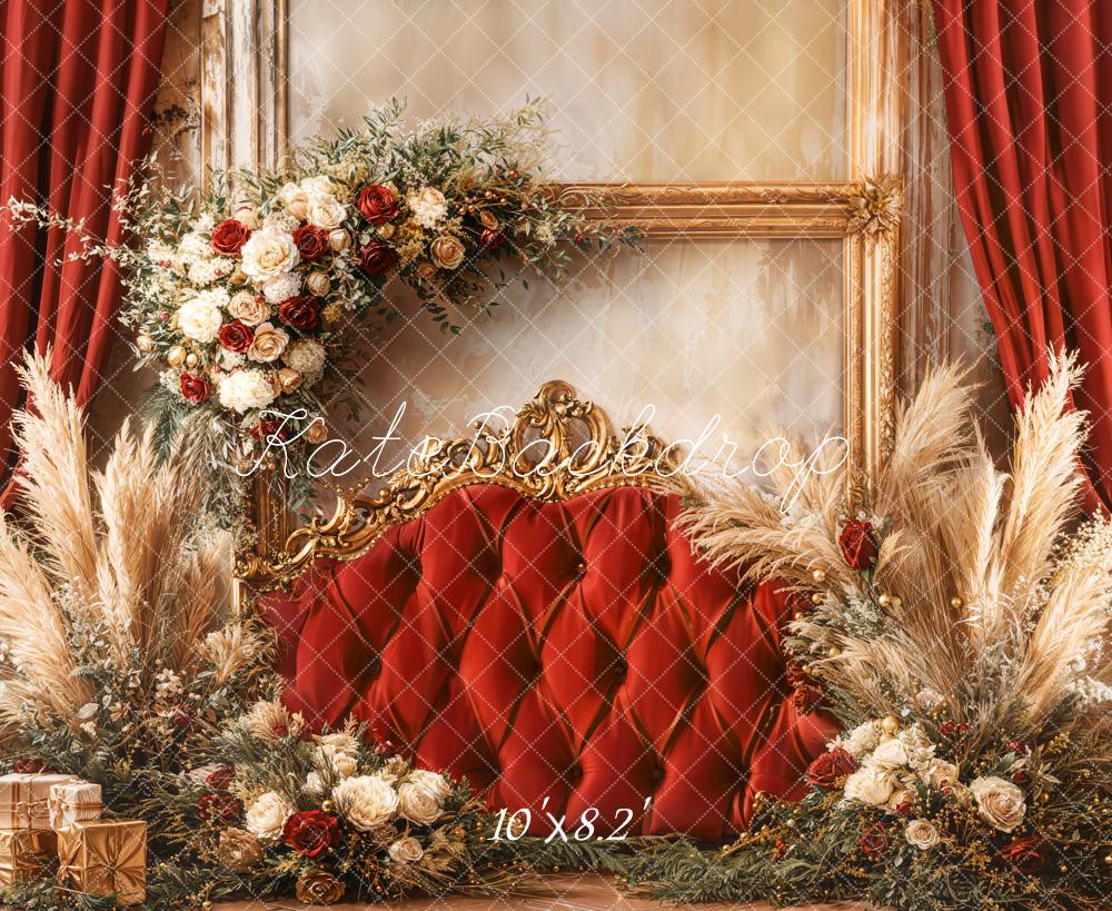 Kate Weihnachten Rote Vorhänge Blumen Goldrahmen Fleece Hintergrund Entworfen von Emetselch - Kate Backdrop.de