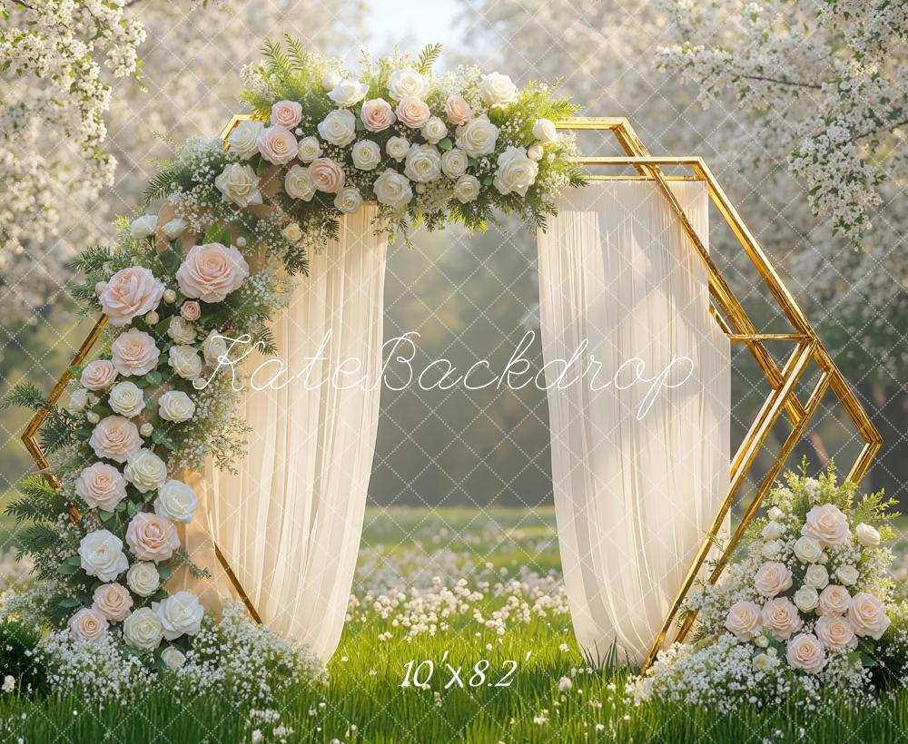 Kate Hochzeit Blumenbogen Gold Weiß Hintergrund Entworfen von Mini MakeBelieve - Kate Backdrop.de