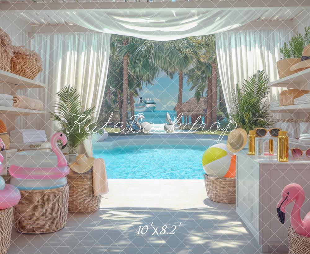 Kate Sommer Pool Palmen Strandhaus Hintergrund Entworfen von Mini MakeBelieve - Kate Backdrop.de