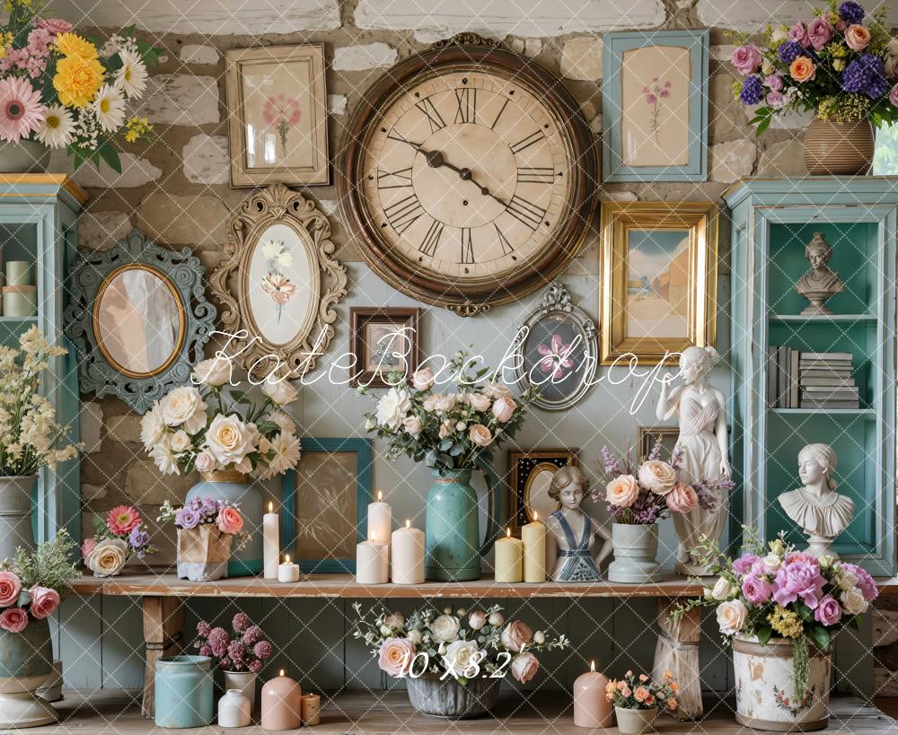Kate Vintage Blumen Bücherregal Steinwand Hintergrund Entworfen von Mini MakeBelieve