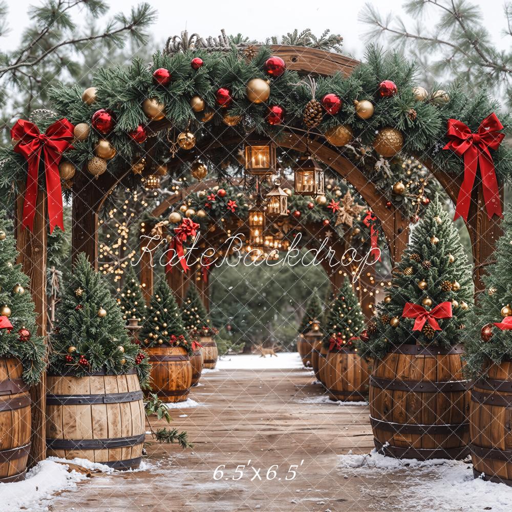 Kate Weihnachten Tannenbögen Holzfässer Rot Gold Hintergrund Entworfen von Emetselch - Kate Backdrop.de