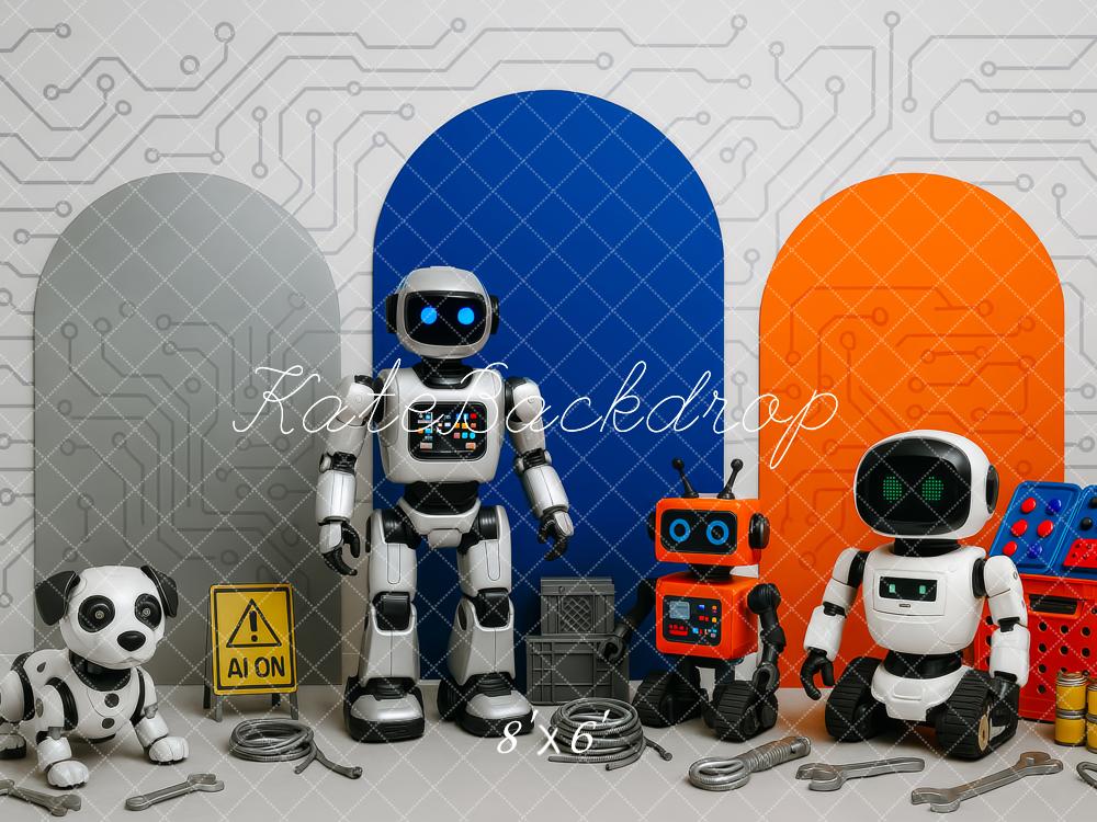 Kate Roboter Hund Werkzeuge Bunt Hintergrund Entworfen von Patty Roberts - Kate Backdrop.de