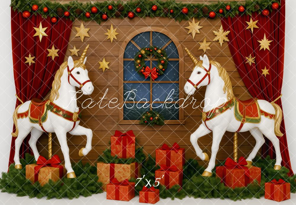 Kate Weihnachten Einhörner Geschenke Holz Hintergrund Entworfen von Patty Roberts - Kate Backdrop.de