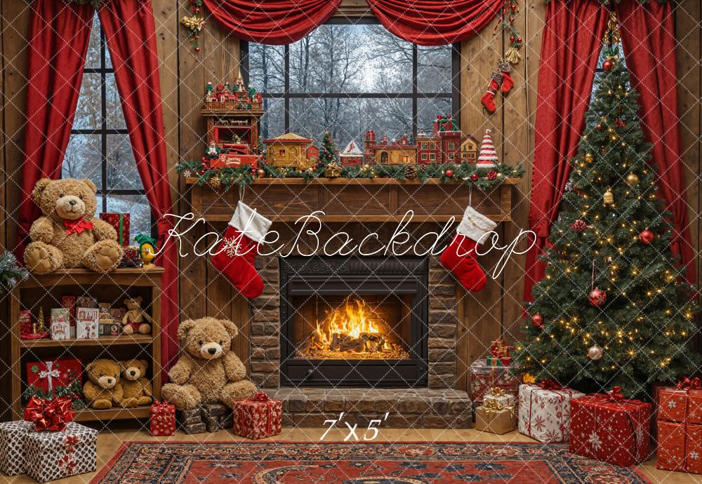Kate Weihnachten Kamin Weihnachtsbaum Geschenke Rot Hintergrund Entworfen von Emetselch - Kate Backdrop.de