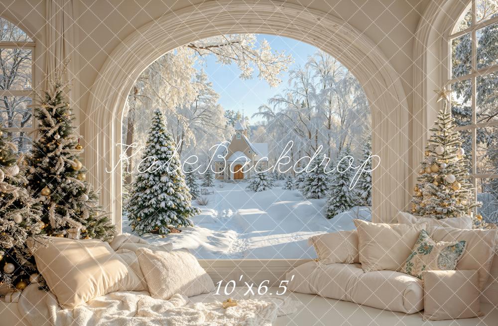 Kate Weihnachten Wohnzimmer Fenster Winterwald Fleece Hintergrund Entworfen von Emetselch