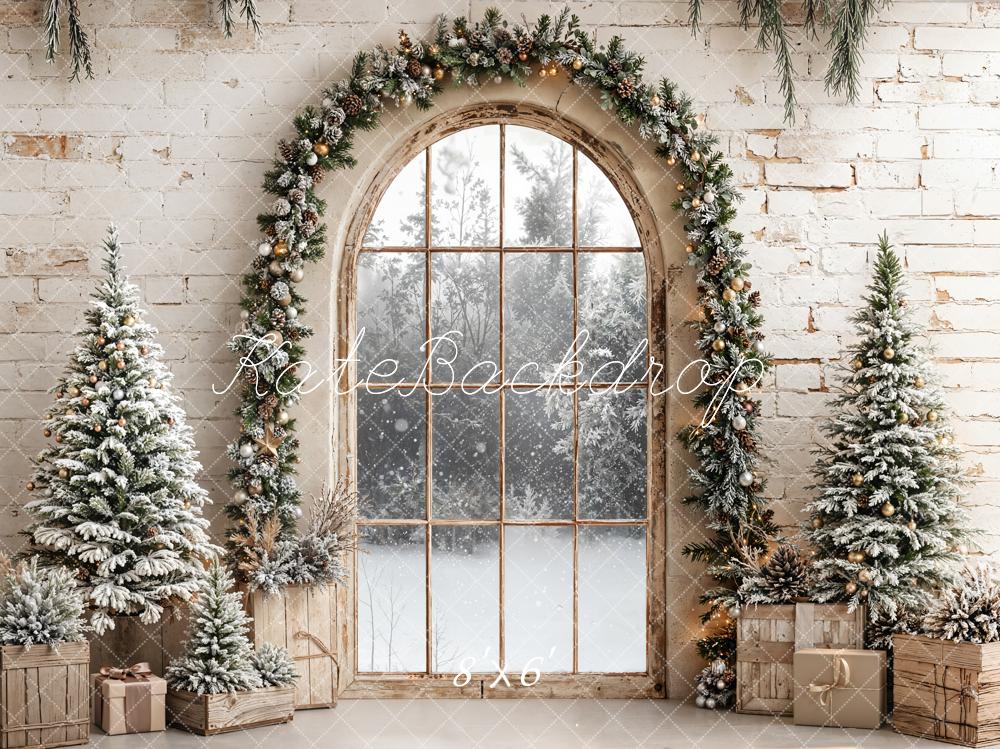 Kate Weihnachten Fenster Tannen Vintage Fleece Hintergrund Entworfen von Emetselch - Kate Backdrop.de