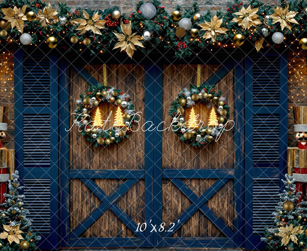Kate Weihnachten Tür Nussknacker Kranz Blau Hintergrund Entworfen von Mini MakeBelieve - Kate Backdrop.de