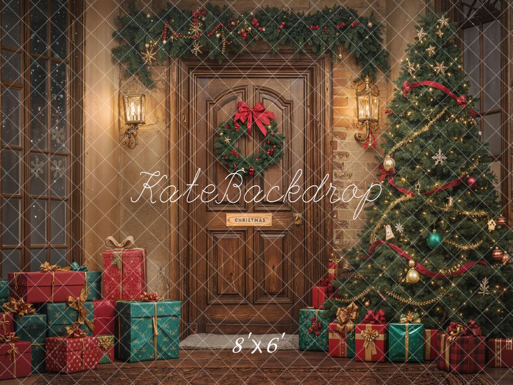 Kate Weihnachten Geschenke Tannenbaum Holztür Hintergrund Entworfen von Emetselch - Kate Backdrop.de